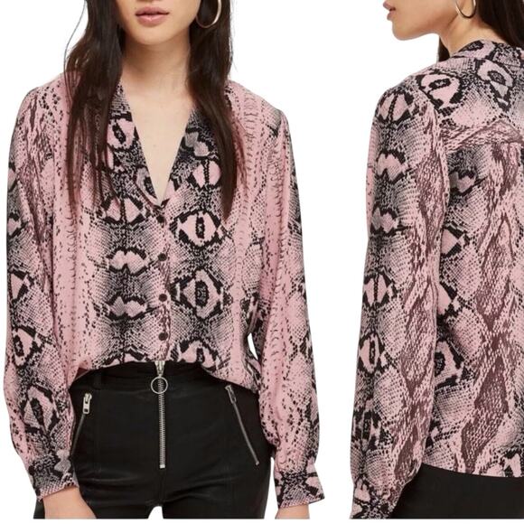 Topshop Tops - TopShop Black and Pink Blouse Sz 8 Python Print Long Sleeve Button Up Top Career